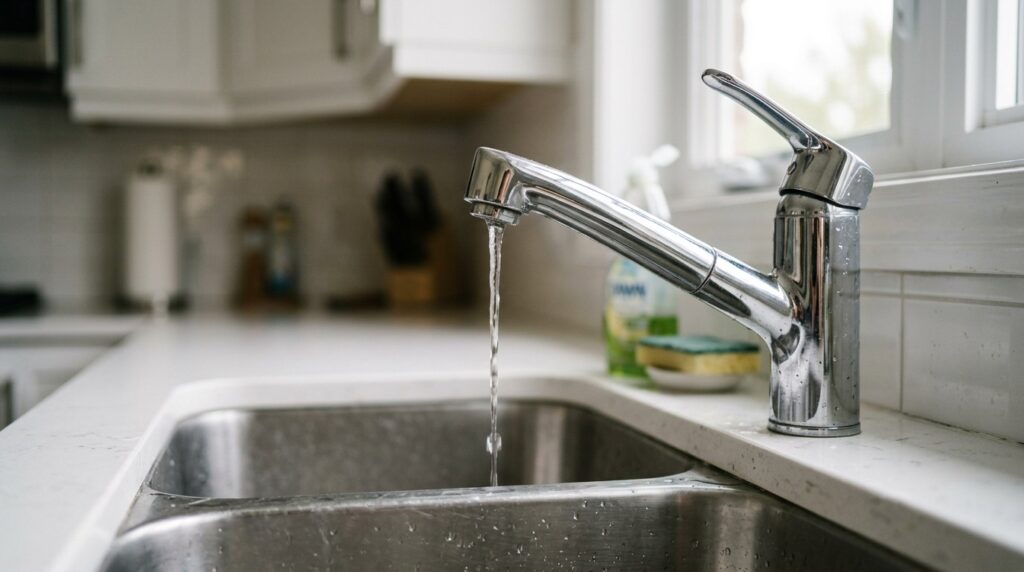 Filet d'eau à faible débit s'écoulant d'un robinet chromé dans un évier de cuisine moderne