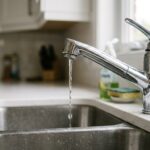 Filet d'eau à faible débit s'écoulant d'un robinet chromé dans un évier de cuisine moderne